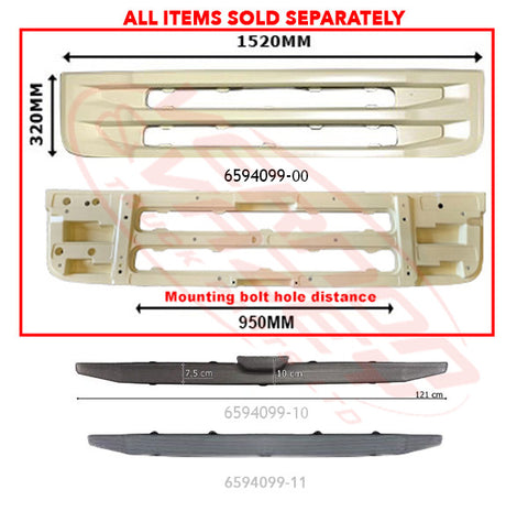 6594099-00 - GRILLE PANEL - LOWER (BETWEEN HEADLAMPS) - 1520x320mm - CHASSIS 1020mm - SCANIA R / G TRUCK - 2009- HIGH BUMPER